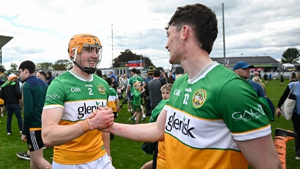 10 May 2026; Offaly players Ciarán Burke, left, and Shane Rigney after the Leinster GAA Senior Hurling Championship Round 3 match between Offaly and Kilkenny at Glenisk O'Connor Park in Tullamore, Offaly. Photo by Seb Daly/Sportsfile