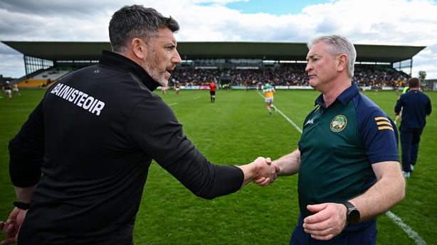 10 May 2026; Offaly manager Johnny Kelly, right, and Kilkenny manager Derek Lyng shake hands after the Leinster GAA Senior Hurling Championship Round 3 match between Offaly and Kilkenny at Glenisk O'Connor Park in Tullamore, Offaly. Photo by Seb Daly/Sportsfile