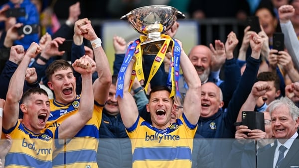 Roscommon captain Diarmuid Murtagh lifts the Nestor Cup after victory over Galway