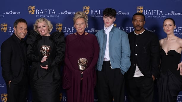 Stephen Graham, Christine Tremarco, Hannah Walters, Owen Cooper, Ashley Walters and Erin Doherty with the Limited Drama Award for Adolescence during the 2026 BAFTA Television Awards