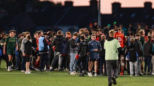 9 May 2026; Players and supporters on the pitch after the United Rugby Championship match between Connacht and Munster at Dexcom Stadium in Galway. Photo by Thomas Flinkow/Sportsfile