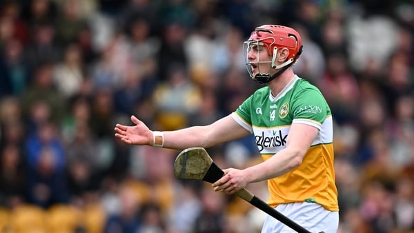 10 May 2026; Charlie Mitchell of Offaly reacts during the Leinster GAA Senior Hurling Championship Round 3 match between Offaly and Kilkenny at Glenisk O'Connor Park in Tullamore, Offaly. Photo by Seb Daly/Sportsfile