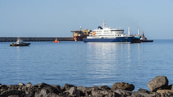 The cruise ship 'MV Hondius' anchors in the port of Granadilla waiting to refuel and receive the necessary supplies to travel to the Netherlands, on 11 May, 2026 in Granadilla de Abona, Tenerife, Canary Islands, Spain