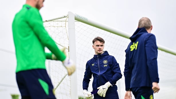 Goalkeeper Killian Cahill with goalkeeper Josh Keeley, left, and goalkeeping coach Gudmundur Hreidarsson, right, during a Republic of Ireland training session at La Finca Resort in Alicante, Spain.