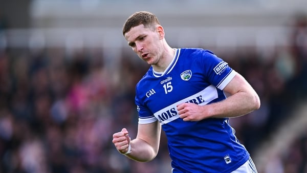 19 April 2026; Evan O'Carroll of Laois celebrates after scoring a point during the Leinster GAA Football Senior Championship quarter-final match between Kildare and Laois at Cedral St Conleths Park in Newbridge, Kildare. Photo by Piaras Ó Mídheach/Sportsf