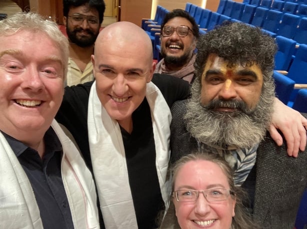 selfie taken by Fishamble Theatre diretor Jim Culleton with actor Pat Kinevane, writer/performer of 'King', following a performance at the Rajasthan International Centre in Jaipur, with Arnab Banerjee and Fiona Quinn from the Irish Embassy in India, and Rajeev Krishna Sharma, Former Consul Embassy o