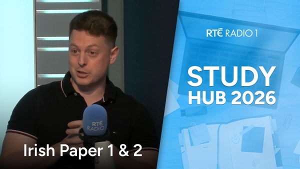 Irish Teacher Seadhan de Paoire in studio for Study Hub with a blue graphic on one half of the image with the words Study Hub 2026.