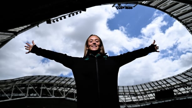 11 May 2026; Stacey Flood poses for a portrait after an Ireland Women Rugby media conference at the Aviva Stadium in Dublin. Photo by Brendan Moran/Sportsfile