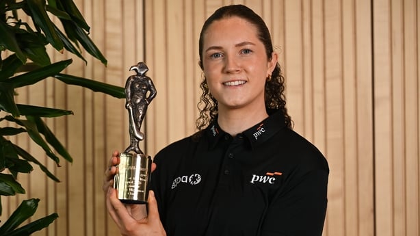 7 May 2026; PwC GPA Player of the Month for April in camogie, Lorna McNamara of Clare, with her award at PwC's offices in Dublin. Photo by Brendan Moran/Sportsfile *** NO REPRODUCTION FEE ***