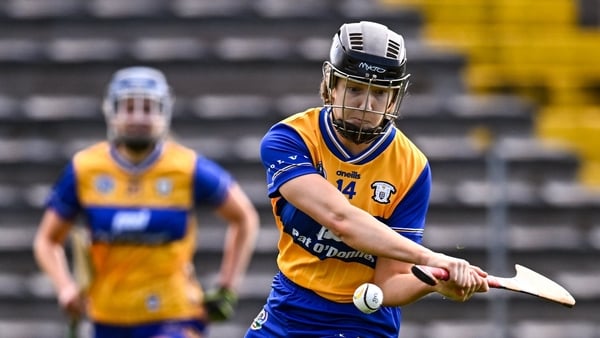 12 April 2026; Lorna McNamara of Clare scores her side's second goal during the Centra National Camogie League Division 1B final match between Clare and Dublin at UPMC Nowlan Park in Kilkenny. Photo by Piaras Ó Mídheach/Sportsfile