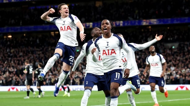 Mathys Tel of Tottenham (No 11) after scoring against Leeds - Premier League, May 2026