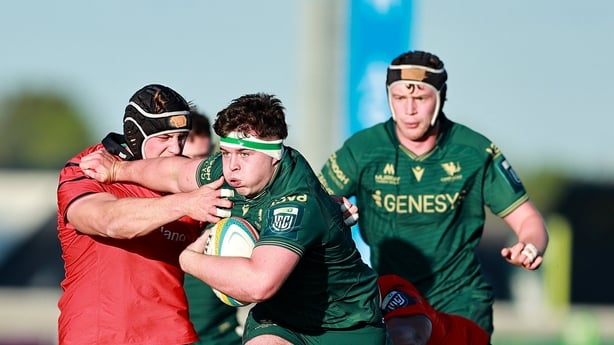 Billy Bohan of Connacht (c) in action against Diarmuid Barron of Munster - URC, May 2026