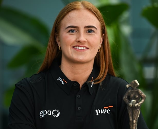 7 May 2026; PwC GPA Player of the Month for April in ladies football, Blaithin Mackin of Armagh, with her award at PwC's offices in Dublin. Photo by Brendan Moran/Sportsfile *** NO REPRODUCTION FEE ***