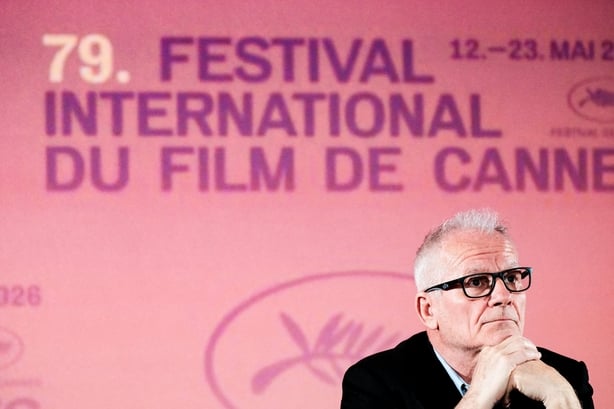 Thierry Frémaux, General Delegate of the Cannes Film Festival, speaks to the press at the Pathé Palace cinema in Paris on Thursday 9 April 2026. (Photo by Benoit Pavan / Hans Lucas via AFP)