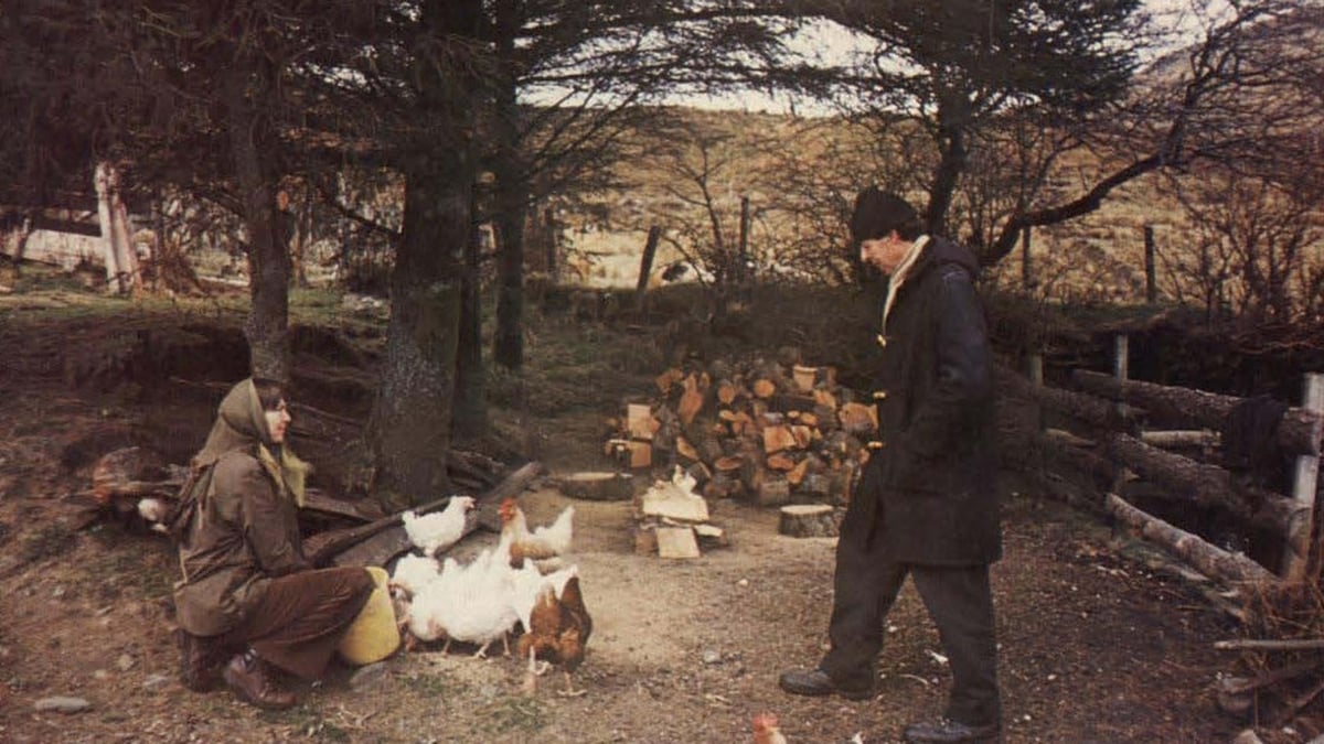 A woman in a brown coat sitting next to some chickens, observed by a man in a dark coat and hat