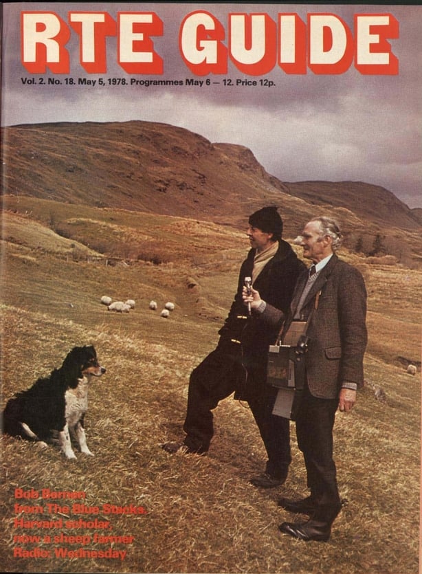 Bob Bernen and his sheep dog standing on a mountain on the cover of RTÉ Guide 1978