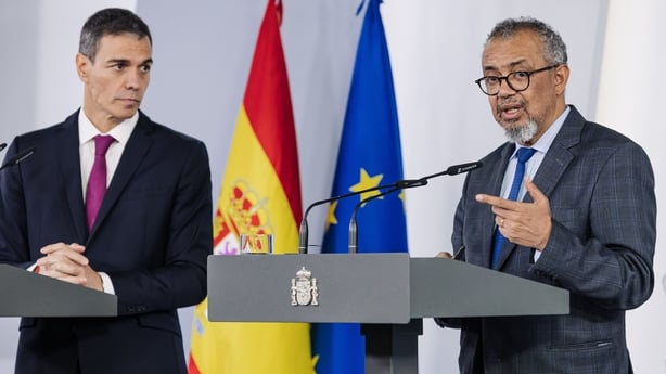 Pedro Sanchez (left) and Tedros Adhanom Ghebreyesus (right), at the Moncloa Palace, on 12 May, 2026 in Madrid, Spain