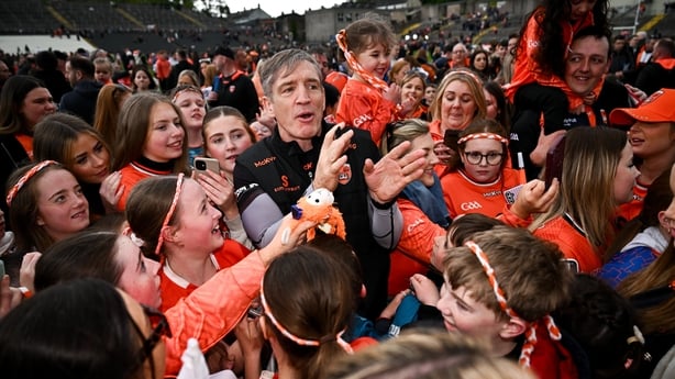 3 May 2026; Armagh manager Kieran McGeeney with supporters after the Ulster GAA Football Senior Championship semi-final match between Armagh and Down at St Tiernach's Park in Clones, Monaghan. Photo by Ben McShane/Sportsfile