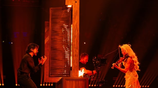 Linda Lampenius x Pete Parkkonen performing Liekinheitin for Finland during the First Semi-Final of the Eurovision Song Contest at Wiener Stadthalle, Vienna 2026