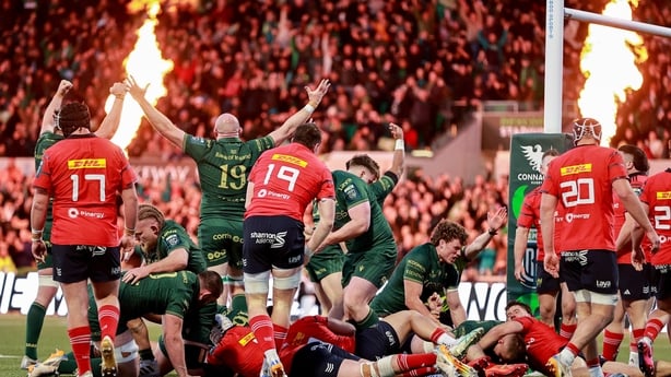 9 May 2026; Connacht players celebrate during the United Rugby Championship match between Connacht and Munster at Dexcom Stadium in Galway. Photo by Thomas Flinkow/Sportsfile
