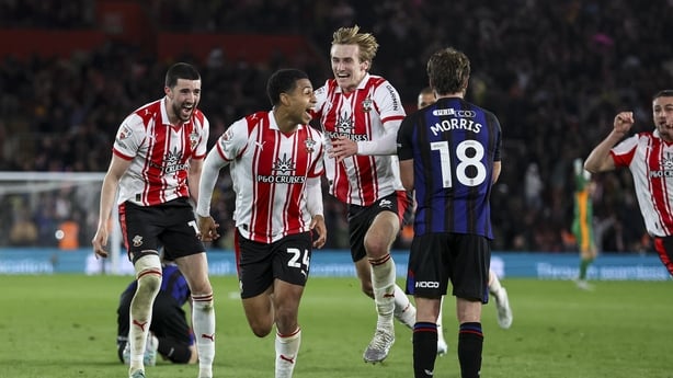 SOUTHAMPTON, ENGLAND - MAY 12: Flynn Downes of Southampton rushes to congratulate team-mate Shea Charles after he scores a goal to make it 2-1 in extra-time during the Sky Bet Championship Play Off Semi Final Second Leg match between Southampton and Middlesbrough at St Mary's Stadium on May 12, 2026