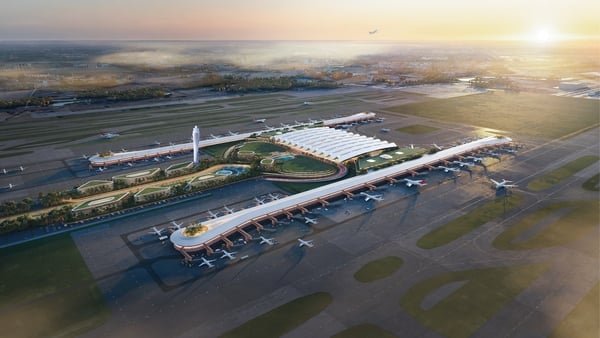 A computer generated image of a new airport building and runways