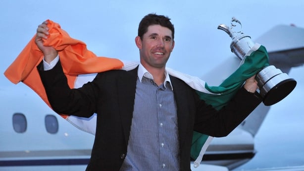 21 July 2008; Padraig Harrington, who won The Open Championship for a second time, with the Golf Champion Trophy (Claret Jug) on his arrival home at Weston airport, Leixlip, Co. Kildare. Picture credit: Pat Murphy / SPORTSFILE