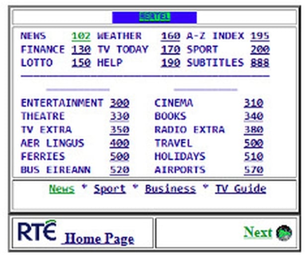 early image of RTÉ online screen