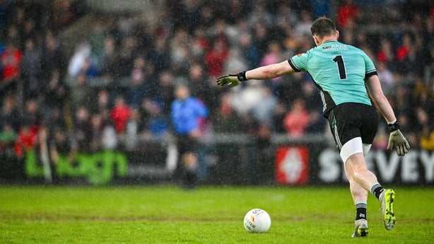 Monaghan goalkeeper Rory Beggan kicks the game-winning score against Derry in the 2026 Ulster SFC semi-final