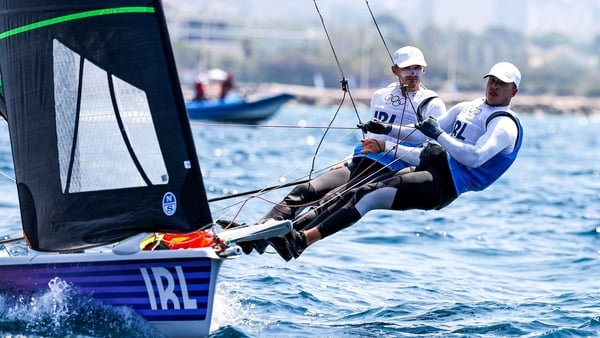 Sean Waddilove and Robert Dickson of Team Ireland in action during the men's skiff medal race at Marseille Marina during the 2024 Paris Summer Olympic Games in Paris, France.
