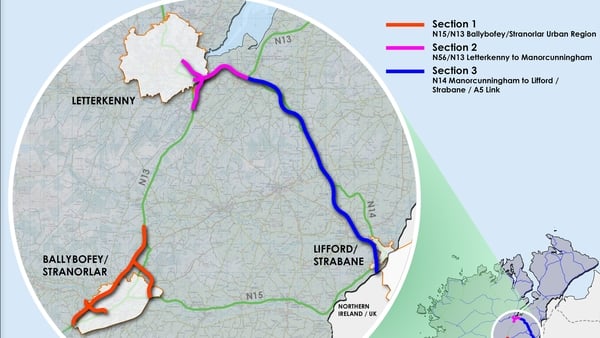 A map showing the routes of the Donegal Ten-T Road Project