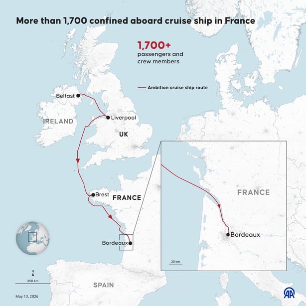 An infographic titled showing the route of the cruise ship Ambition
