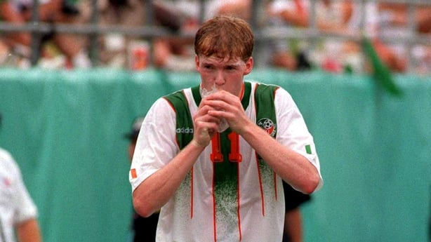 Steve Staunton of the Republic of Ireland drinks from a water bag during the FIFA World Cup 1994