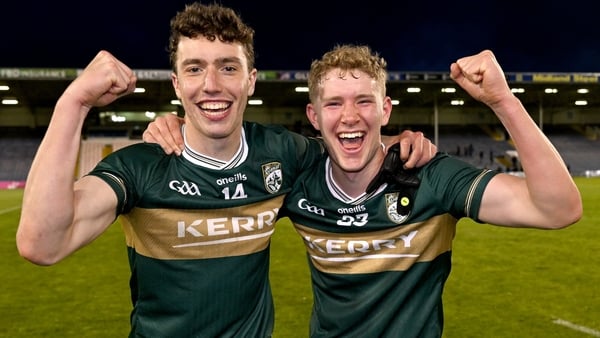 Tomás Kennedy and Paudie Finucane of Kerry celebrate after the Dalata Hotel Group GAA Football All-Ireland U20 Championship semi-final match between Kerry and Roscommon at FBD Semple Stadium in Thurles, Tipperary.