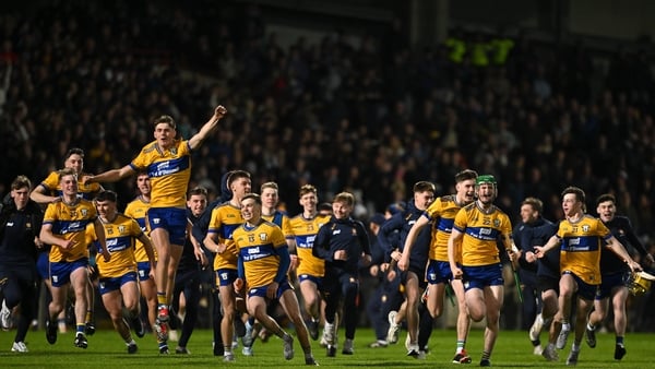 Clare players celebrate after the Fulfil Munster GAA U20 Hurling Championship final match between Tipperary and Clare at TUS Gaelic Grounds in Limerick.