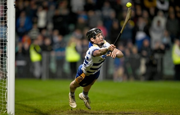 Clare goalkeeper Mark Sheedy saves the penalty to win the Fulfil Munster GAA U20 Hurling Championship final match between Tipperary and Clare at TUS Gaelic Grounds in Limerick