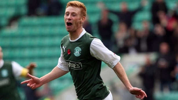 Hibernian's Eoin Doyle celebrates his goal with team mates during the Clydesdale Bank Scottish Premier League match at Easter Road, Edinburgh.