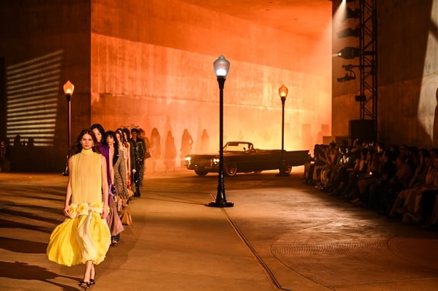 Models on the runway at the Dior 2027 Cruise Collection Show held at LACMA on May 13, 2026 in Los Angeles, California. (Photo by Gilbert Flores/WWD via Getty Images)