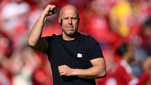 Arne Slot, Manager of Liverpool, celebrates following the team's victory during the Premier League match between Liverpool and Crystal Palace at Anfield on April 25, 2026 in Liverpool, England.