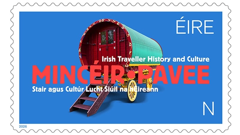 Image shows a postage stamp with a picture of a traditional Irish Traveller wagon against a blue background.