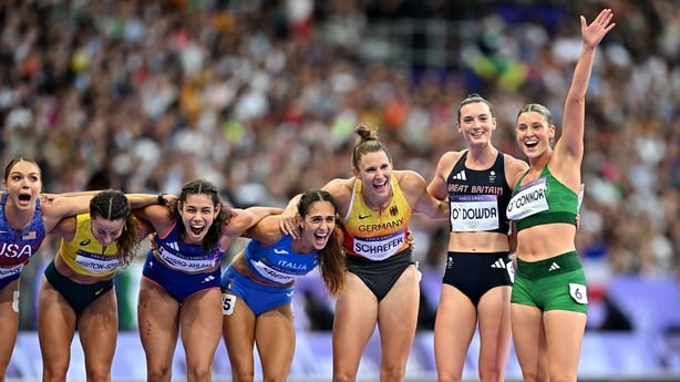 9 August 2024; Kate O'Connor of Team Ireland, right, after competing in the women's heptathlon 800m final at the Stade de France during the 2024 Paris Summer Olympic Games in Paris, France. Photo by Sam Barnes/Sportsfile