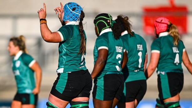 9 May 2026; Brittany Hogan of Ireland, left, celebrates after scoring her side's third try during the Women's 6 Nations Rugby Championship match between Ireland and Wales at Affidea Stadium in Belfast. Photo by Shauna Clinton/Sportsfile