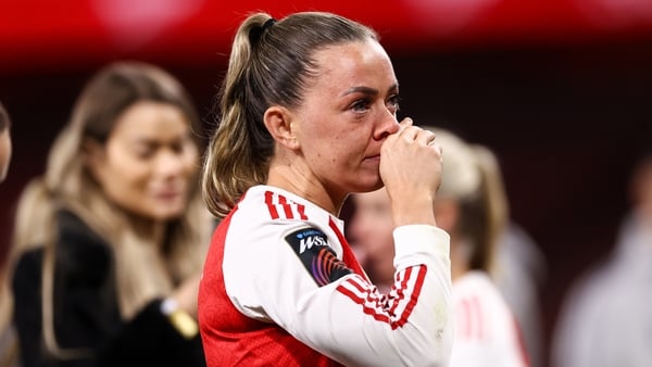 Katie McCabe of Arsenal starts to cry as the fans chant her name during the Barclays Women's Super League match between Arsenal and Everton at Emirates Stadium on May 13, 2026 in London, England.