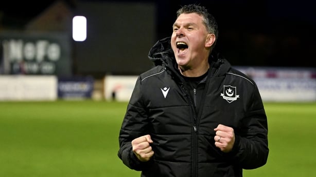 Drogheda United manager Kevin Doherty celebrates after the SSE Airtricity Men's Premier Division match between Drogheda United and Derry City at Sullivan & Lambe Park in Drogheda, Louth.