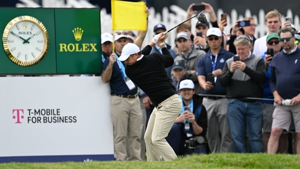 Rory McIlroy of Northern Ireland tees off during round one of the 2026 PGA Championship on May 14th, 2026 at Aronimink Golf Club in Newtown Square, PA.