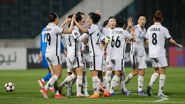 WUHAN, CHINA - MARCH 29: Suwon FC players celebrate a goal during the AFC Women's Champions League quarter final between Wuhan Jiangda and Suwon FC at Hankou Cultural Sports Centre on March 29, 2026 in Wuhan, China. (Photo by Wang HE/Getty Images)