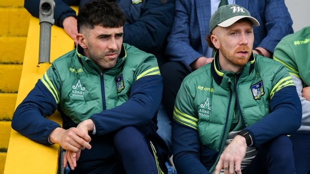 3 May 2026; Limerick players Aaron Gillane, left, and Cian Lynch look on during the Munster GAA Senior Hurling Championship Round 3 match between Clare and Limerick at Zimmer Biomet Páirc Chíosóg in Ennis, Clare. Photo by Brendan Moran/Sportsfile