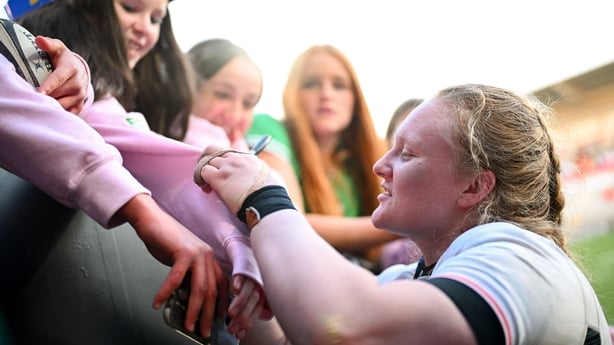9 May 2026; Aoife Wafer of Ireland with supporters after the Women's 6 Nations Rugby Championship match between Ireland and Wales at Affidea Stadium in Belfast. Photo by Shauna Clinton/Sportsfile