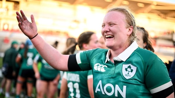 9 May 2026; Aoife Wafer of Ireland and team-mates after their side's victory in the Women's 6 Nations Rugby Championship match between Ireland and Wales at Affidea Stadium in Belfast. Photo by Shauna Clinton/Sportsfile