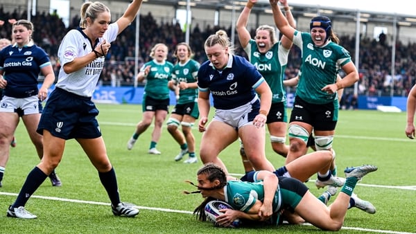26 April 2025; Emily Lane of Ireland scores her side's third try during the Women's Six Nations Rugby Championship match between Scotland and Ireland at Hive Stadium in Edinburgh, Scotland. Photo by Paul Devlin/Sportsfile